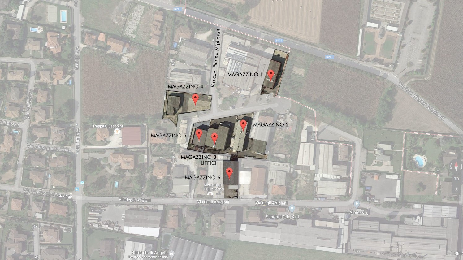 Mappa della disposizione dei magazzini TEMPRALL a Pavone del Mella